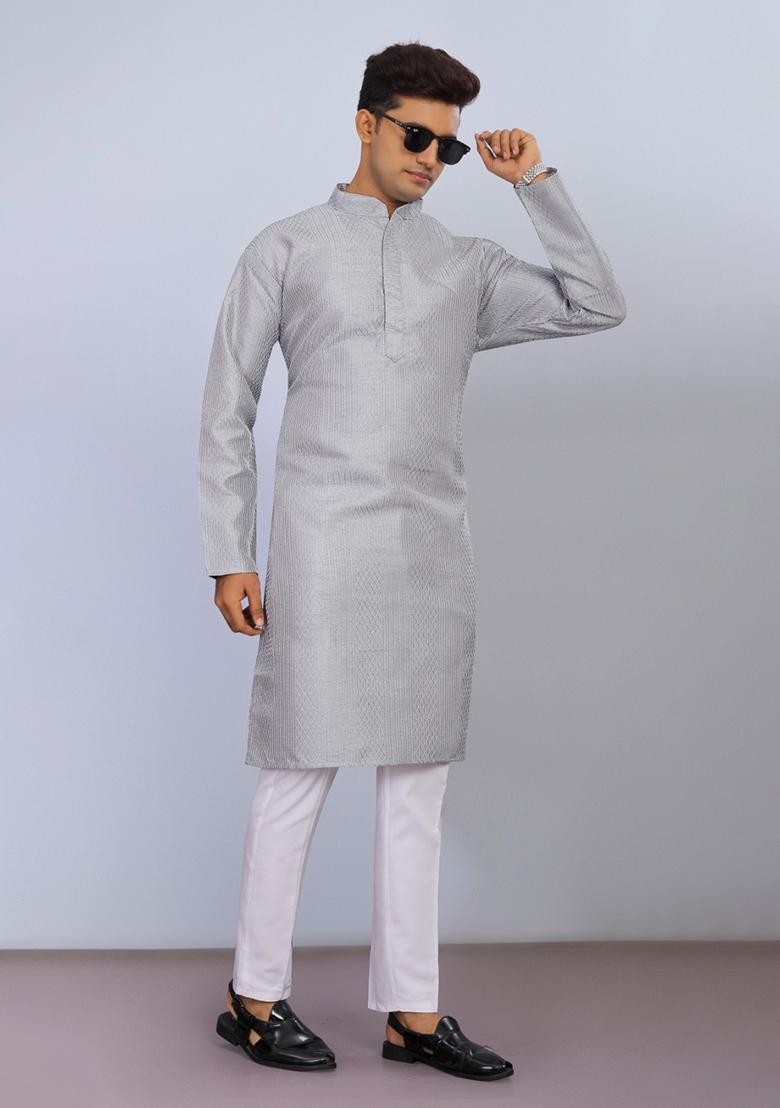 Gray Embroidered Poly Blend Kurta Set For Men