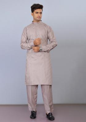 Lavender Embroidered Cotton Kurta Set For Men