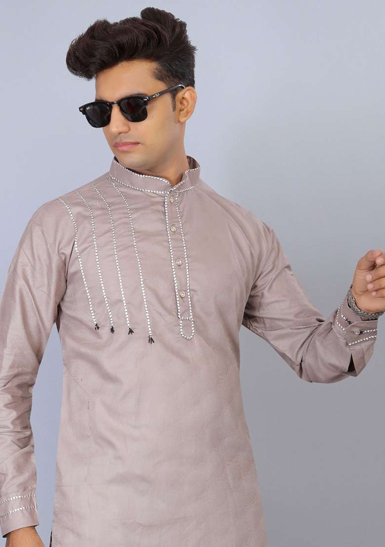 Lavender Embroidered Cotton Kurta Set For Men - Indya