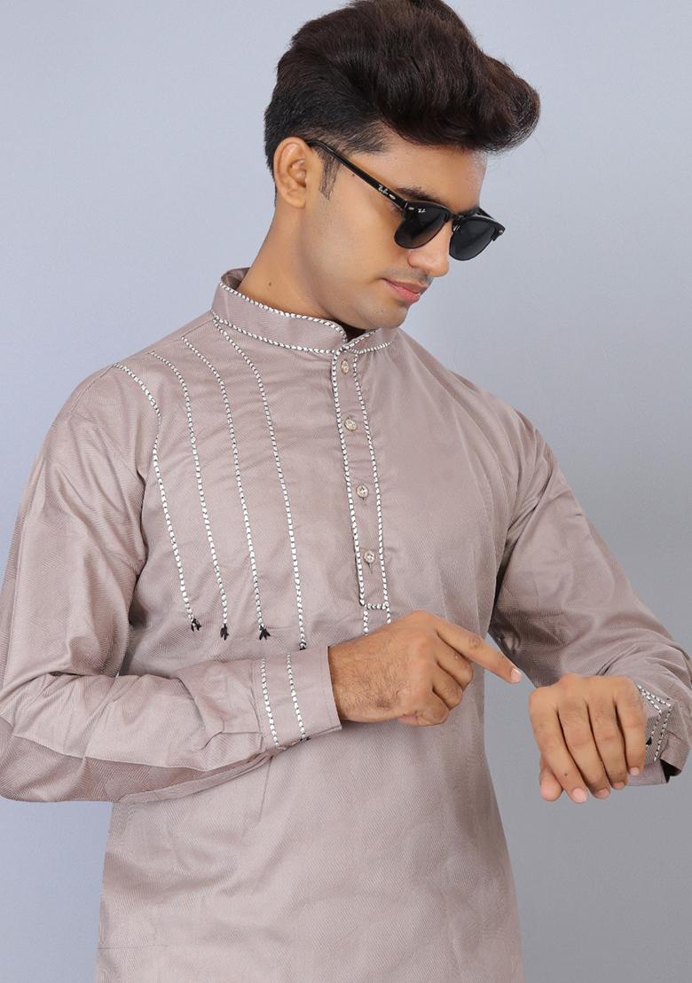 Lavender Embroidered Cotton Kurta Set For Men