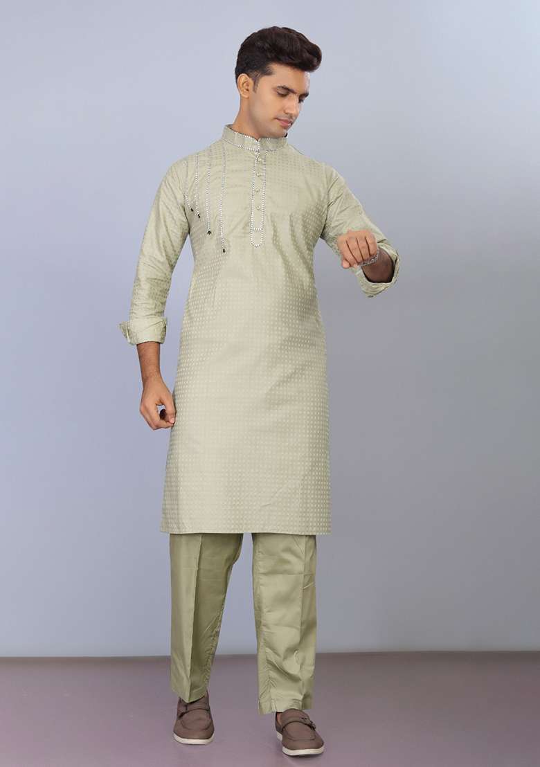 Pista Green Embroidered Cotton Kurta Set For Men - Indya