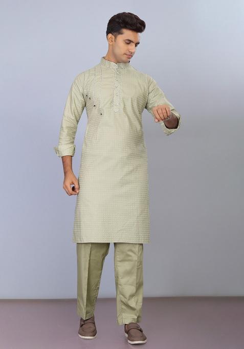 Pista Green Embroidered Cotton Kurta Set For Men