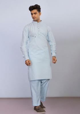 Sky Blue Embroidered Cotton Kurta Set For Men