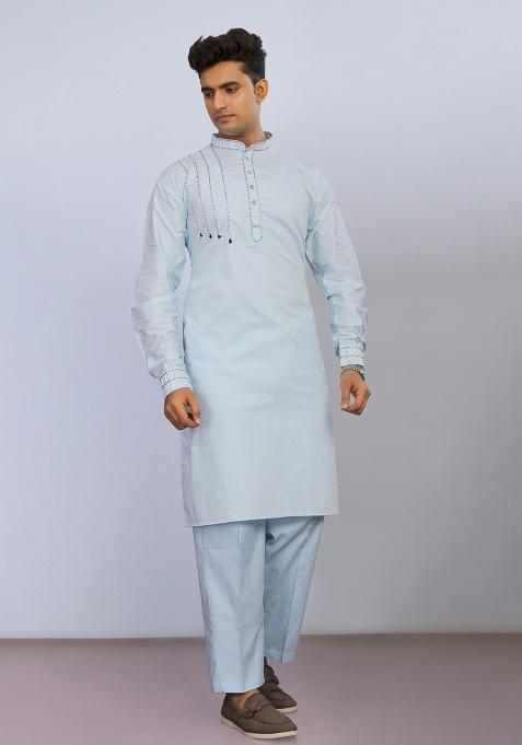 Sky Blue Embroidered Cotton Kurta Set For Men