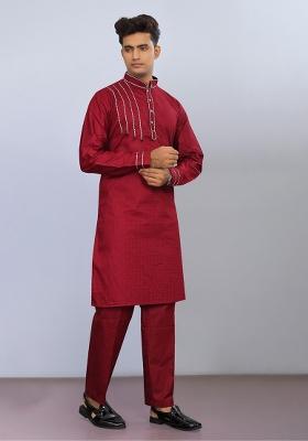 Red Embroidered Cotton Kurta Set For Men