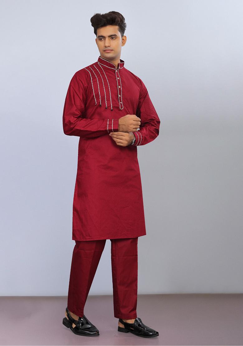 Red Embroidered Cotton Kurta Set For Men