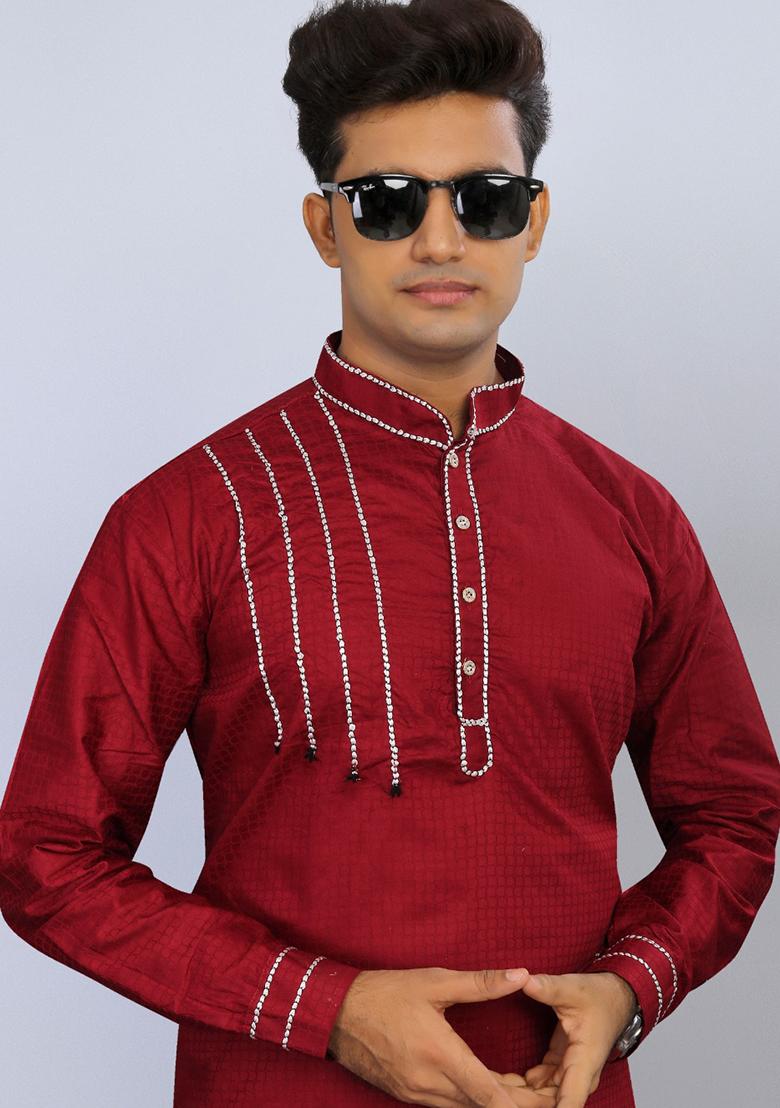 Red Embroidered Cotton Kurta Set For Men