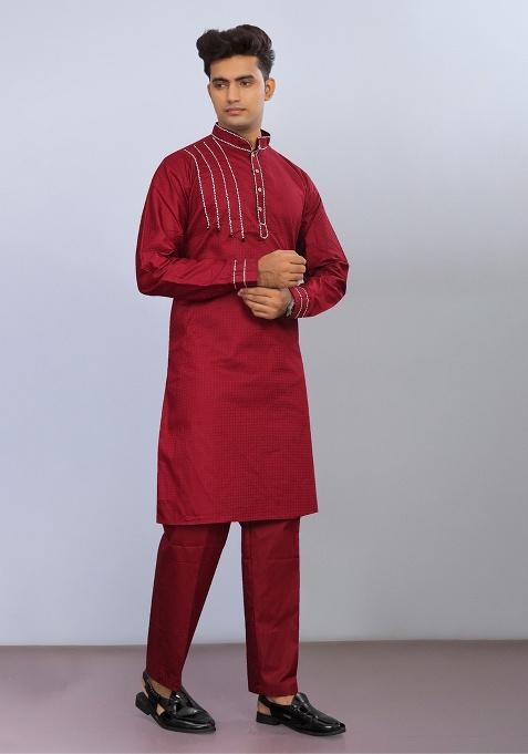 Red Embroidered Cotton Kurta Set For Men
