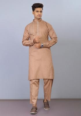 Brown Embroidered Cotton Kurta Set For Men