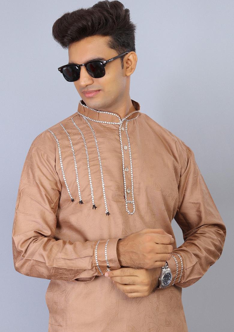 Brown Embroidered Cotton Kurta Set For Men