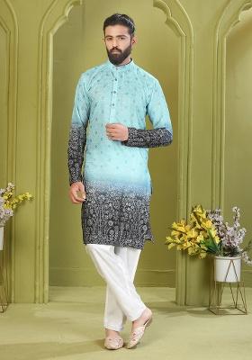 Sky Blue Embroidered Rayon Kurta Set For Men