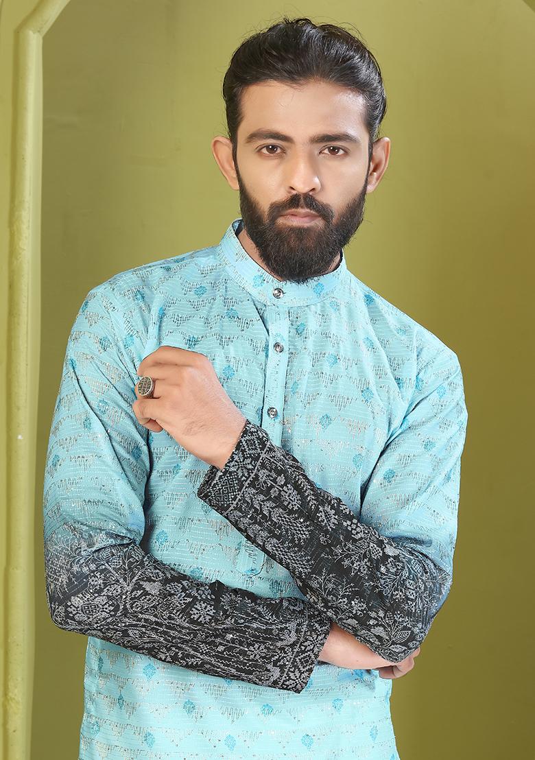 Sky Blue Embroidered Rayon Kurta Set For Men