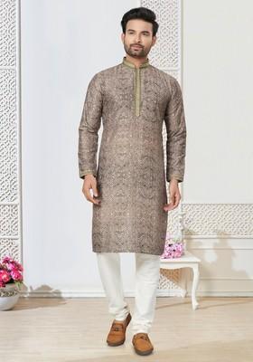 Brown Printed Cotton Kurta Set For Men