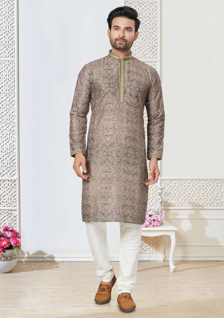 Brown Printed Cotton Kurta Set For Men - Indya