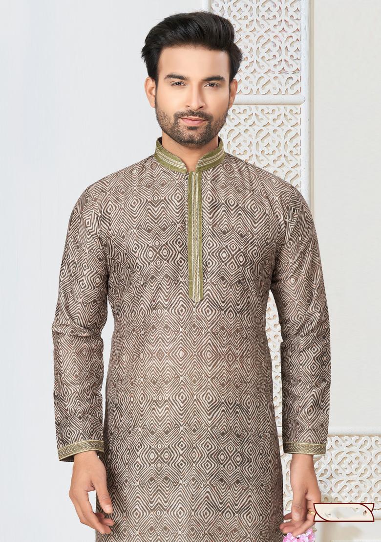 Brown Printed Cotton Kurta Set For Men