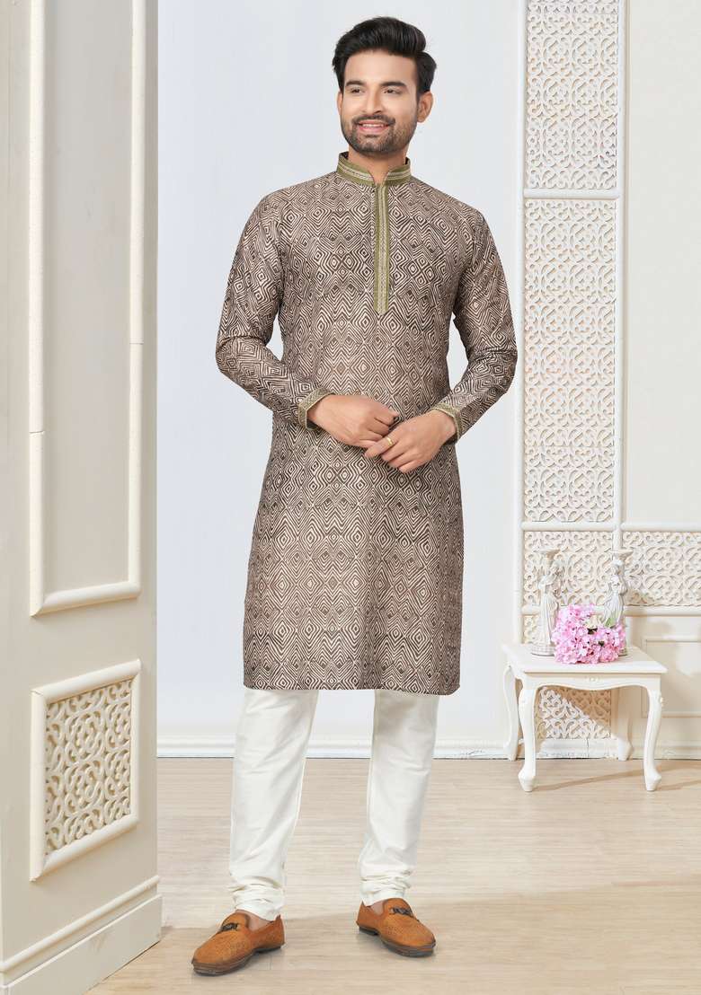 Brown Printed Cotton Kurta Set For Men - Indya