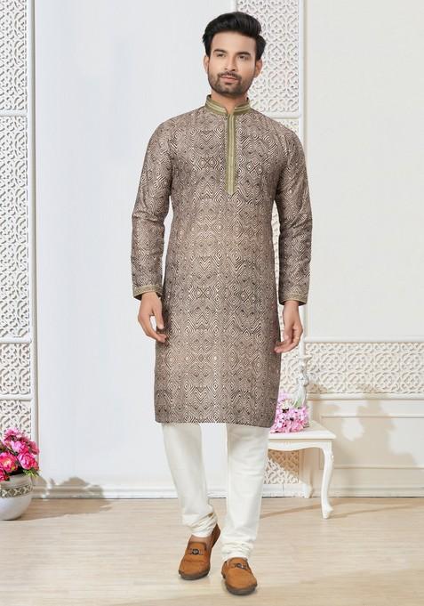 Brown Printed Cotton Kurta Set For Men
