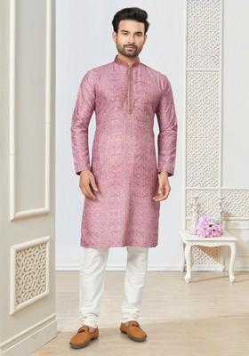 Pink Printed Cotton Kurta Set For Men