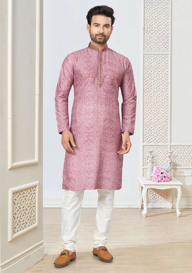 Pink Printed Cotton Kurta Set For Men - Indya