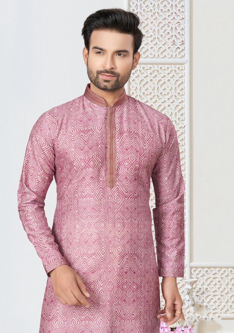 Pink Printed Cotton Kurta Set For Men
