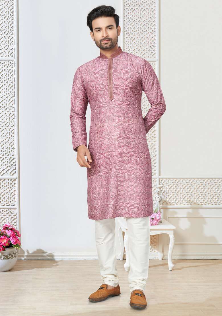 Pink Printed Cotton Kurta Set For Men - Indya