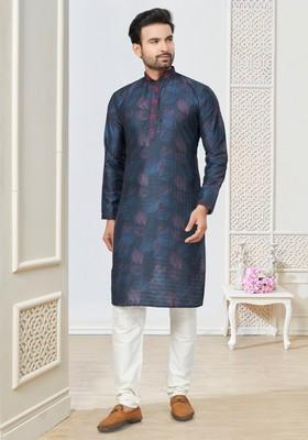 Navy Blue Printed Cotton Kurta Set For Men