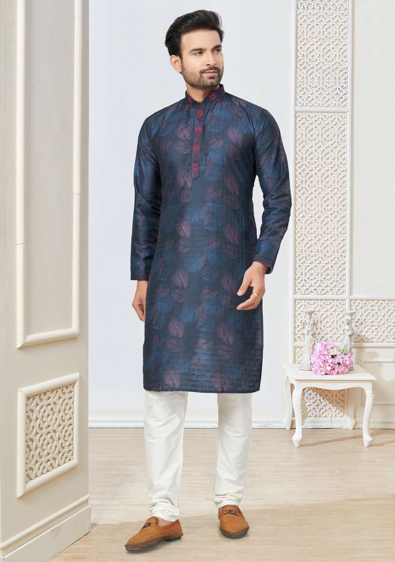 Navy Blue Printed Cotton Kurta Set For Men - Indya