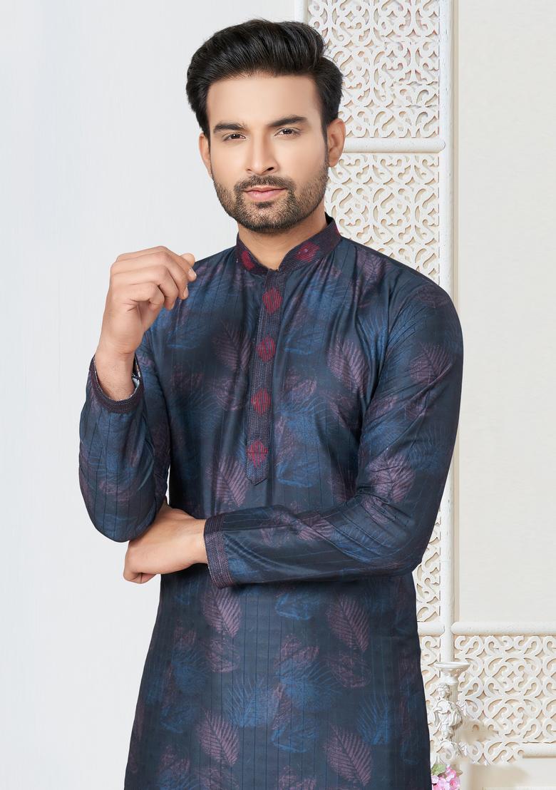 Navy Blue Printed Cotton Kurta Set For Men