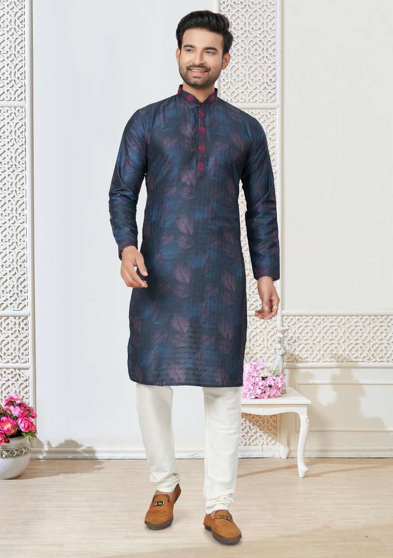 Navy Blue Printed Cotton Kurta Set For Men - Indya