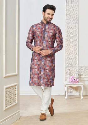 Multicolour Printed Cotton Kurta Set For Men