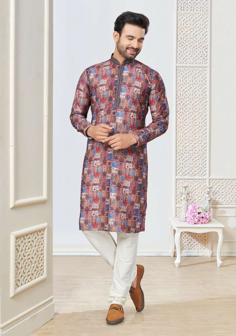 Multicolour Printed Cotton Kurta Set For Men - Indya