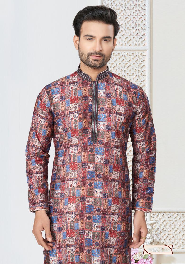 Multicolour Printed Cotton Kurta Set For Men
