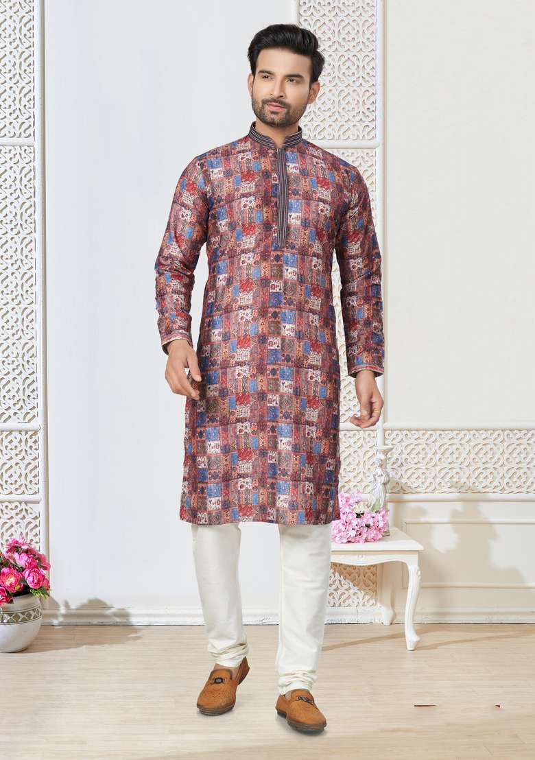 Multicolour Printed Cotton Kurta Set For Men - Indya