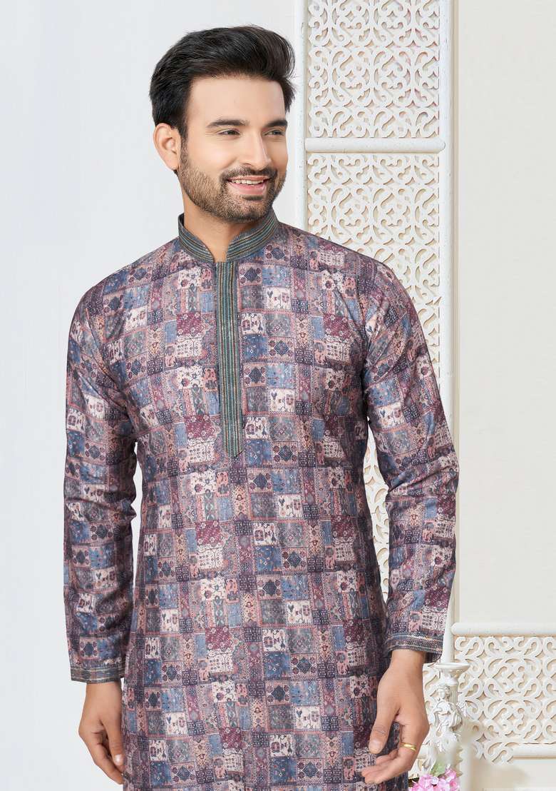 Multicolour Printed Cotton Kurta Set For Men - Indya