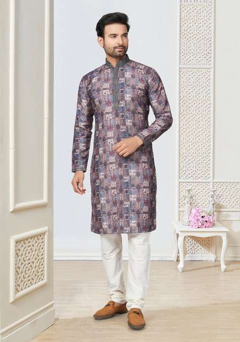 Multicolour Printed Cotton Kurta Set For Men