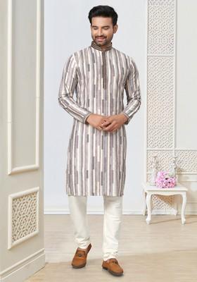 Off White Printed Cotton Kurta Set For Men