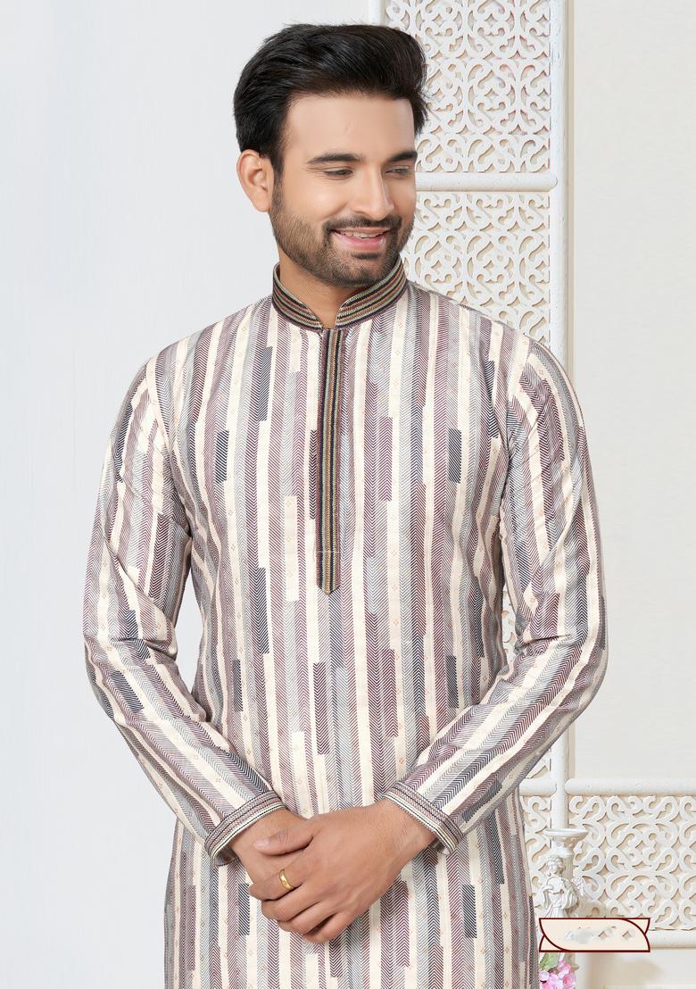 Off White Printed Cotton Kurta Set For Men