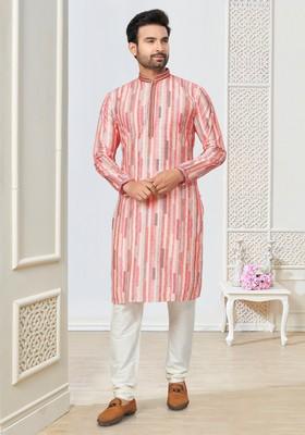 Pink Printed Cotton Kurta Set For Men