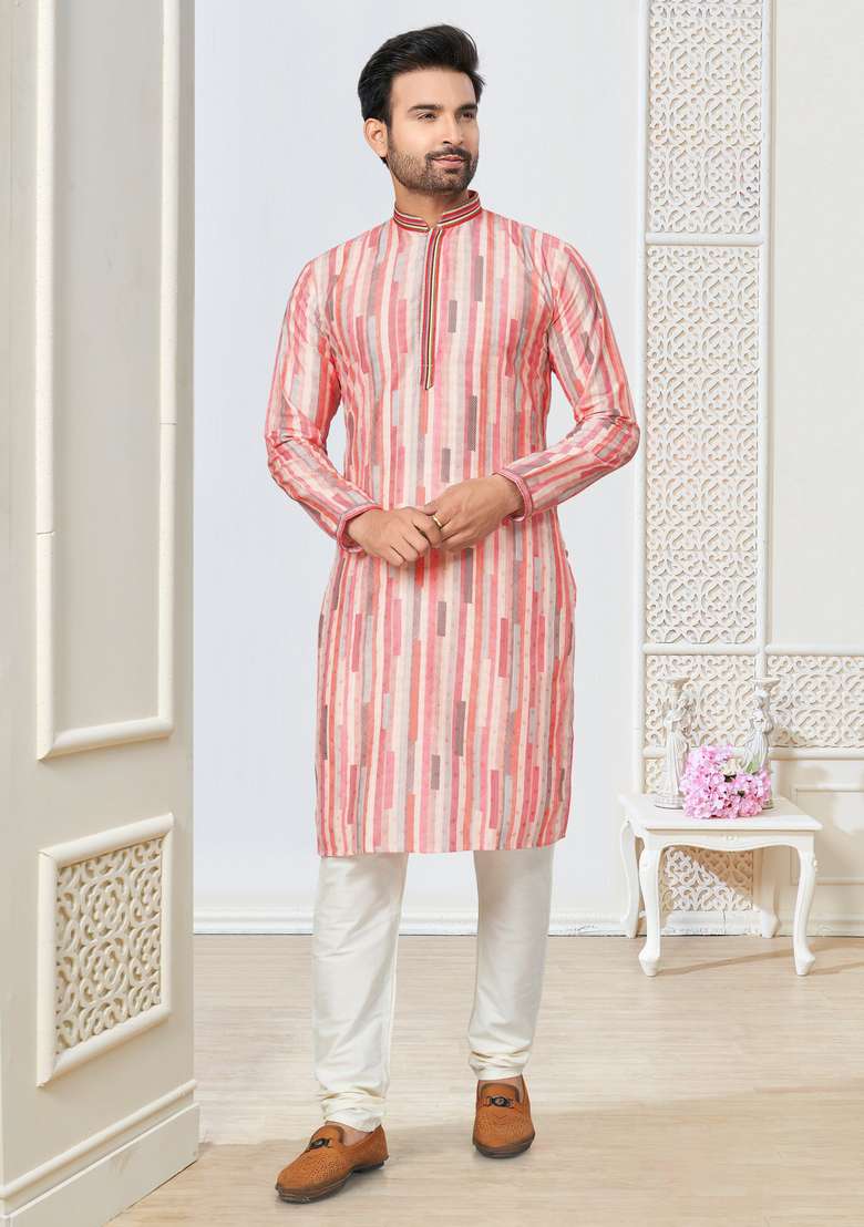 Pink Printed Cotton Kurta Set For Men - Indya