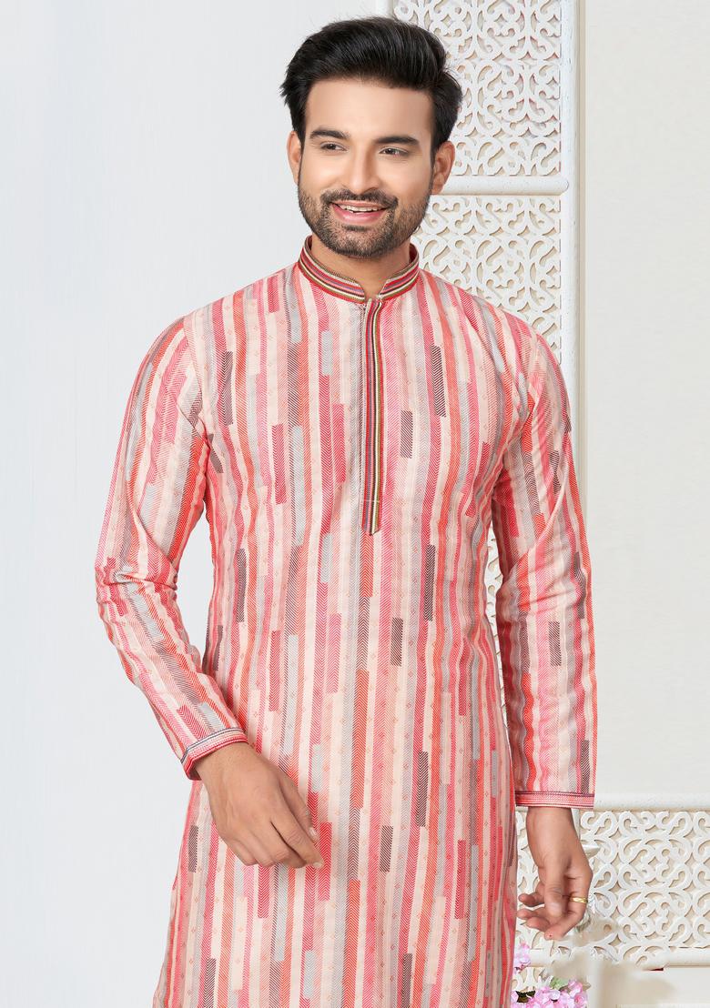 Pink Printed Cotton Kurta Set For Men
