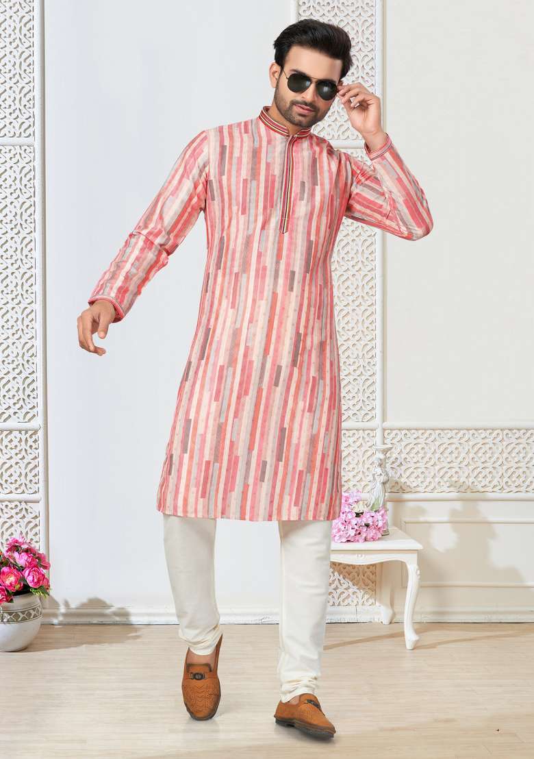 Pink Printed Cotton Kurta Set For Men - Indya