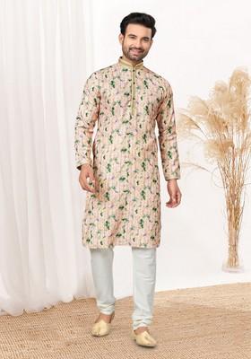 Off White Printed Cotton Kurta Set For Men