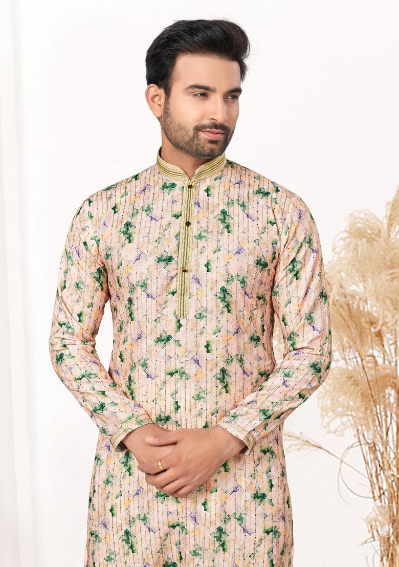 Off White Printed Cotton Kurta Set For Men