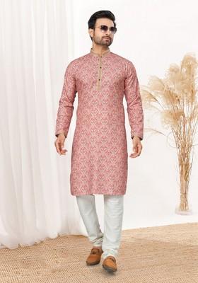 Pink Printed Cotton Kurta Set For Men