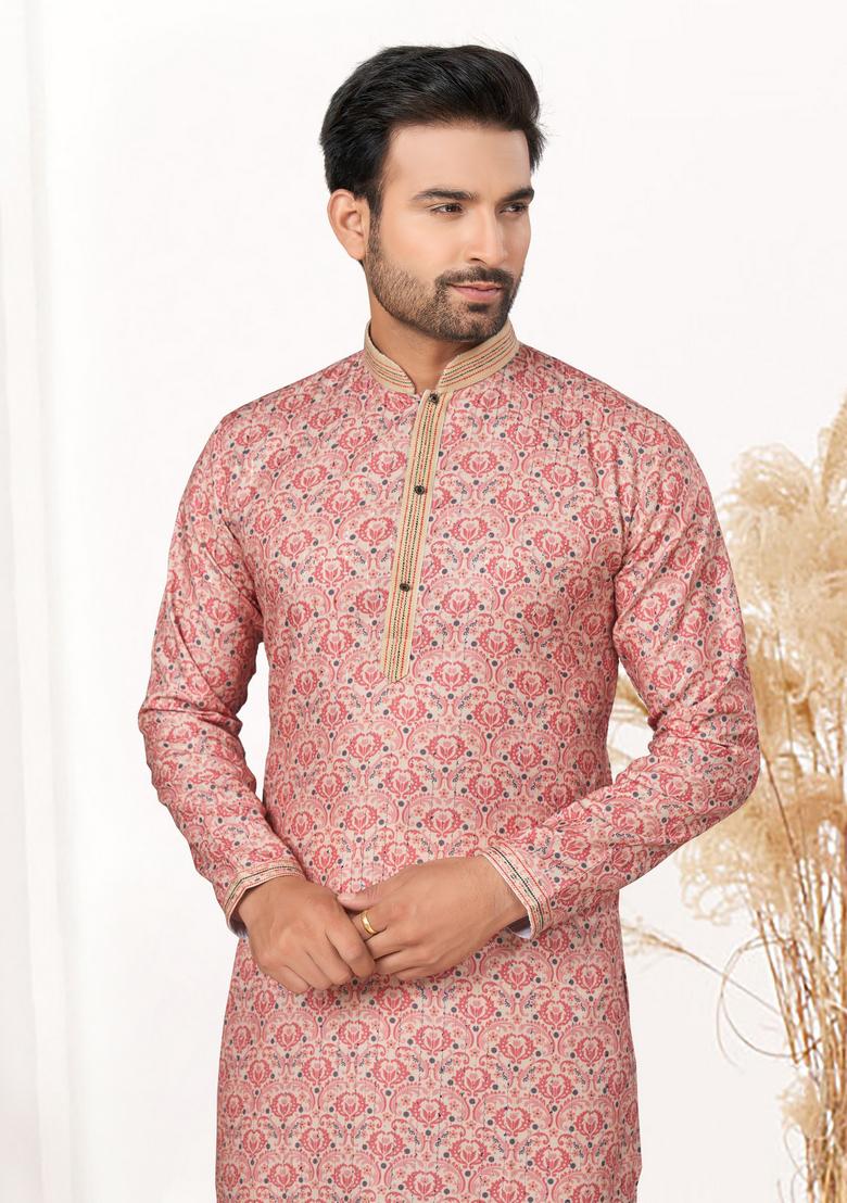 Pink Printed Cotton Kurta Set For Men