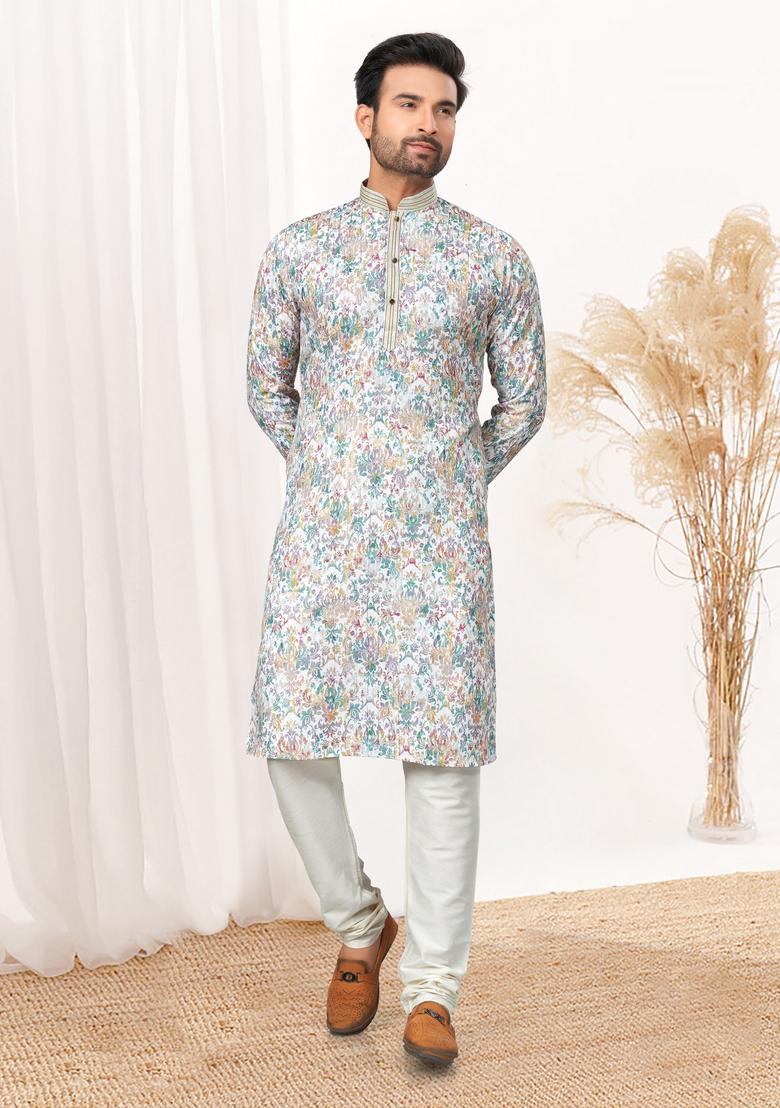 White Printed Cotton Kurta Set For Men