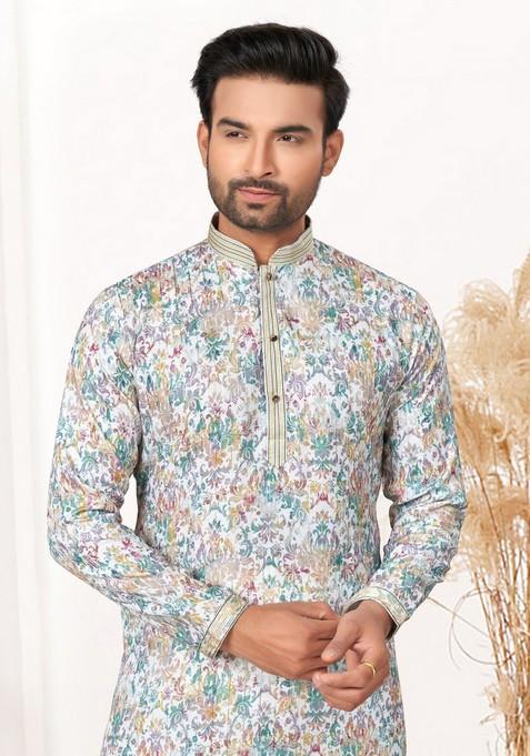 White Printed Cotton Kurta Set For Men