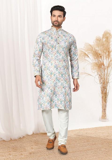 White Printed Cotton Kurta Set For Men