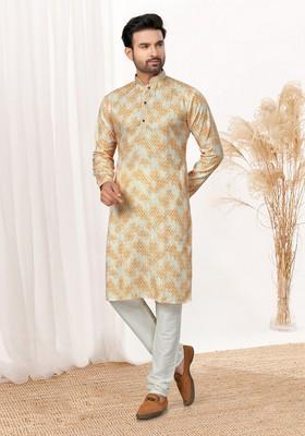 Yellow Printed Cotton Kurta Set For Men
