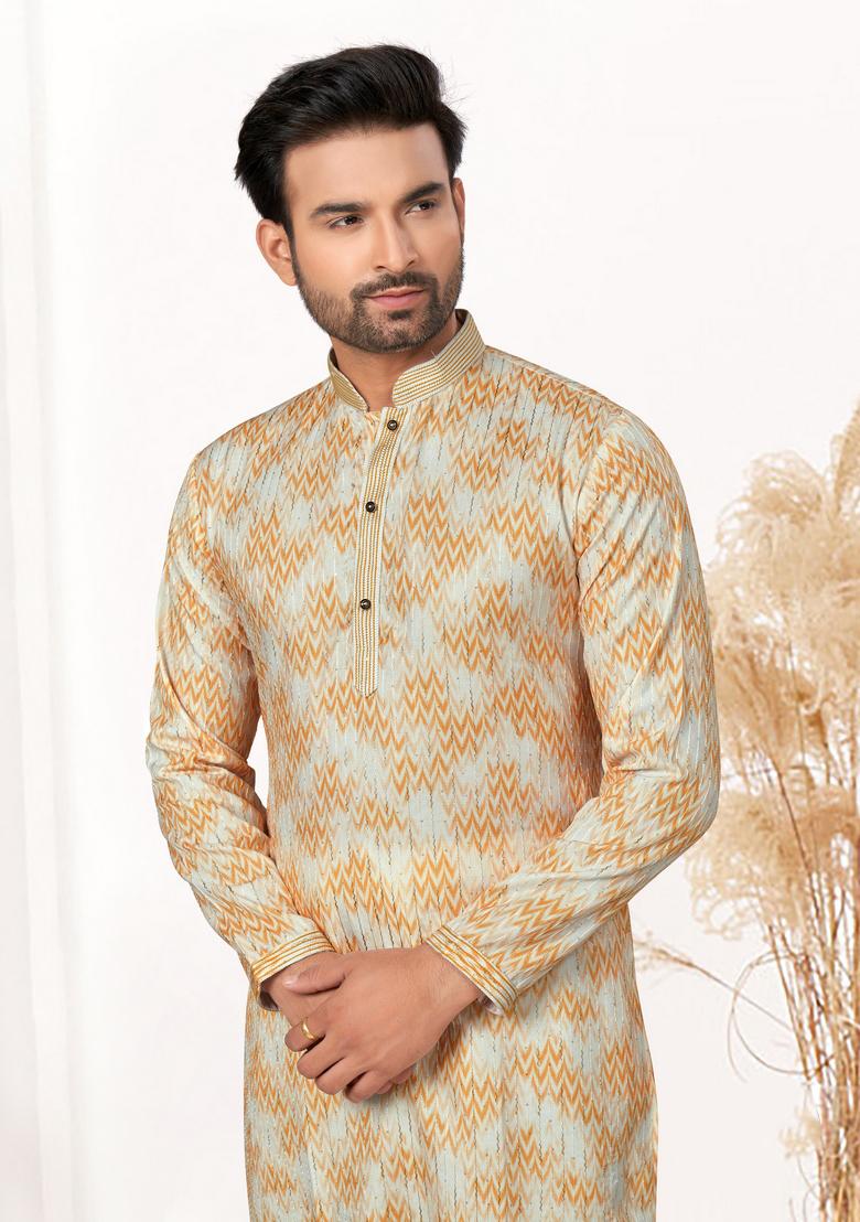Yellow Printed Cotton Kurta Set For Men